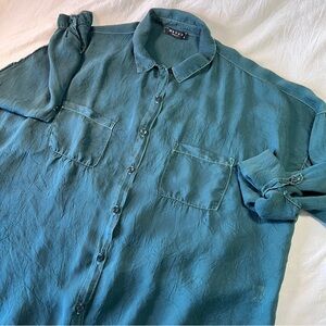 Maven West Cargo Pocket Top Cupro Sheer Button Down Dark Green Sz S Silky